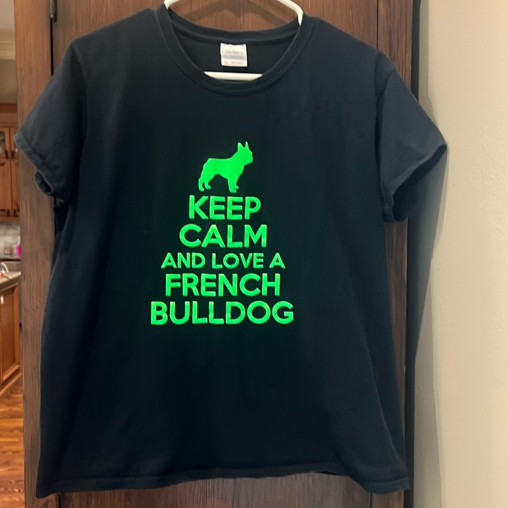 Keep Calm & Love a French Bulldog Ladies Shirt Size Large Black Green Frenchie
